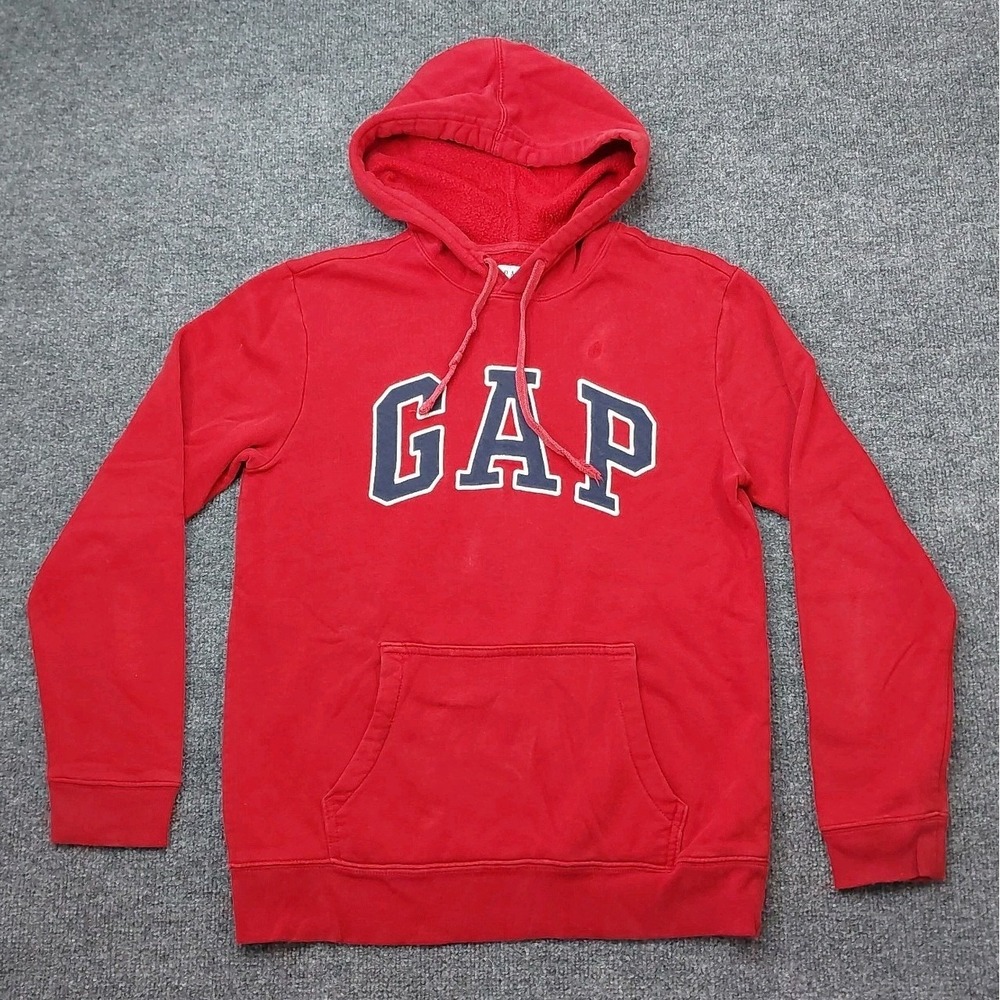 VTG 90s GAP Pullover Hoodie Sweatshirt Spellout Arch Logo Mens XS Red Distressed